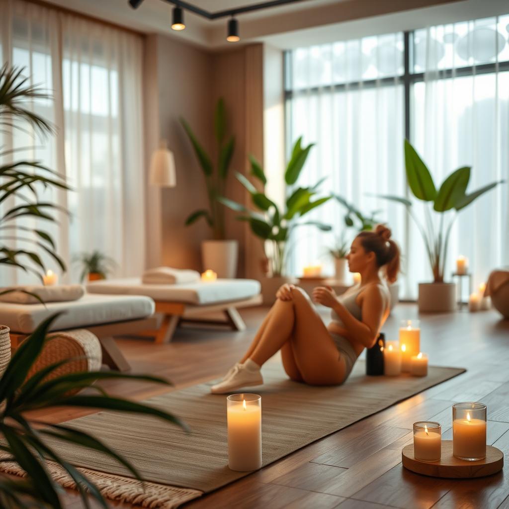 A serene and stylish spa salon featuring a cozy atmosphere with soft lighting, beautifully arranged spa equipment, and lush plants around
