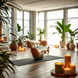 A serene and stylish spa salon featuring a cozy atmosphere with soft lighting, beautifully arranged spa equipment, and lush plants around