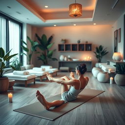 A serene and stylish spa salon featuring a cozy atmosphere with soft lighting, beautifully arranged spa equipment, and lush plants around