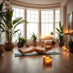 A serene and stylish spa salon featuring a cozy atmosphere with soft lighting, beautifully arranged spa equipment, and lush plants around
