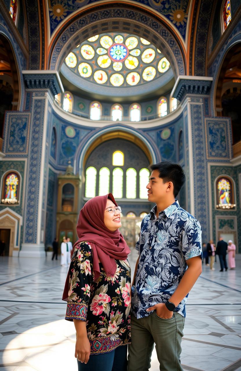 A young Indonesian man and a Turkish girl meeting inside the magnificent Sultan Ahmed Mosque (Blue Mosque) in Istanbul, Turkey