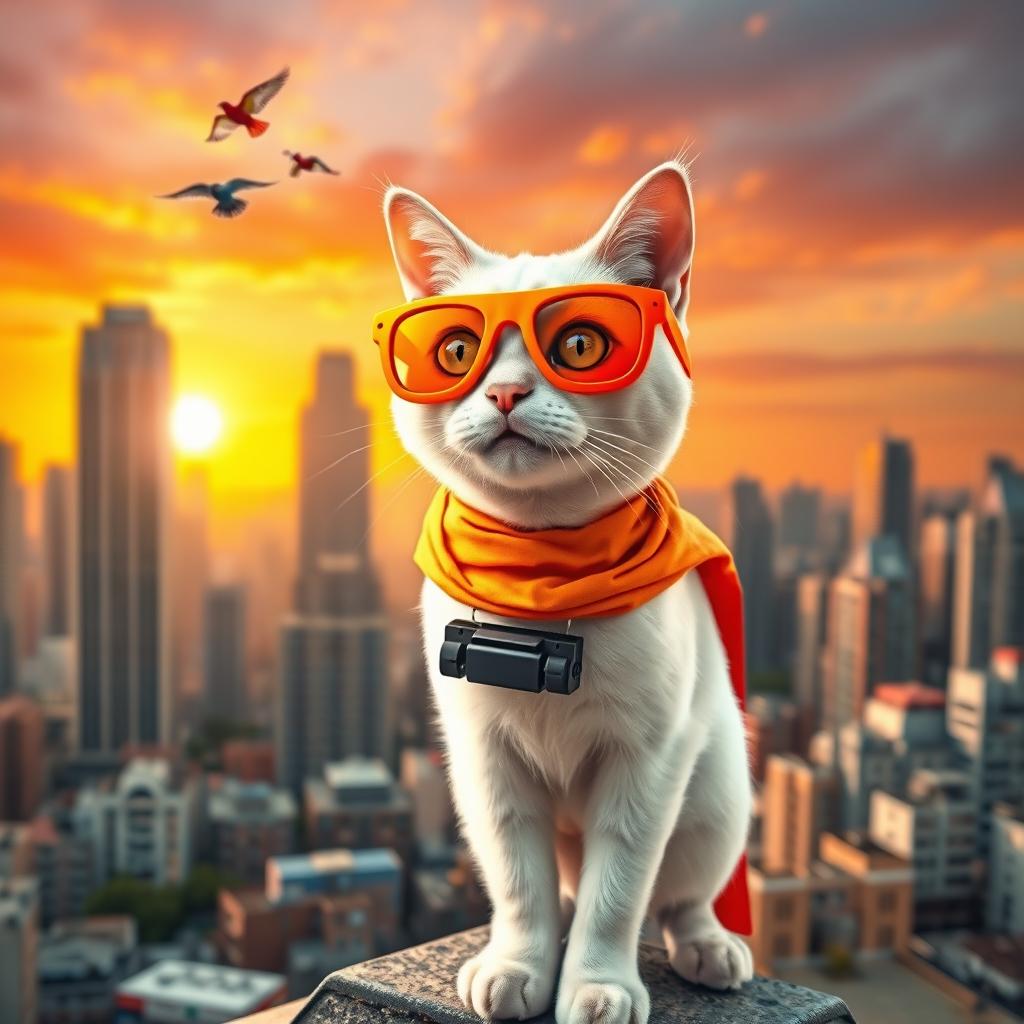 A heroic scene featuring a white cat superhero wearing striking orange super glasses, standing confidently on a bustling city rooftop