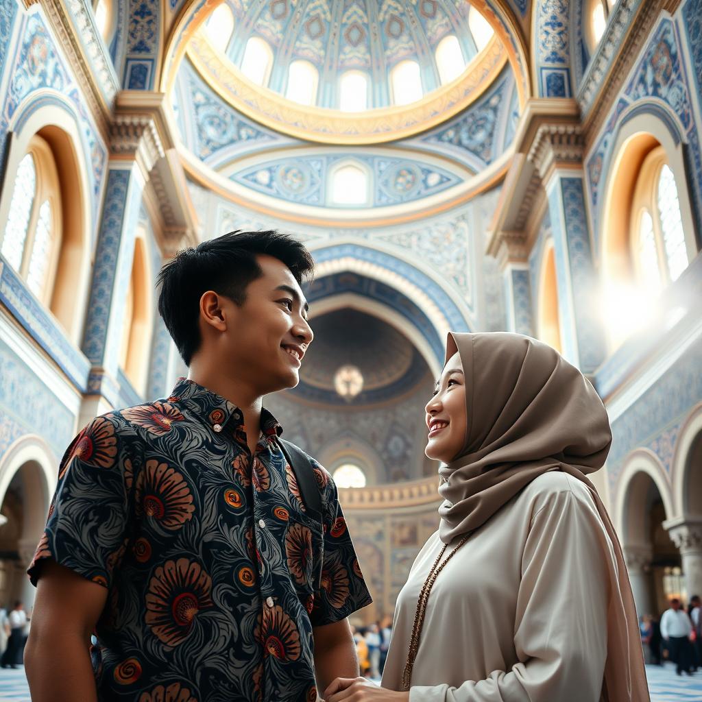 A young Indonesian man and a Turkish girl encountering each other inside the stunning Sultan Ahmed Mosque (Blue Mosque) in Istanbul, Turkey