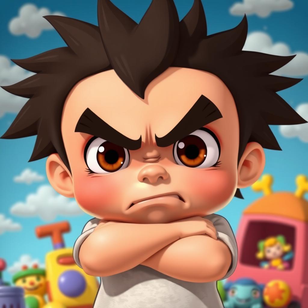 An animated depiction of an angry child with exaggerated features, like large eyes and furrowed brows, in a colorful cartoon style