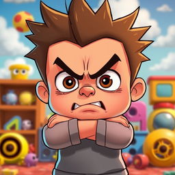 An animated depiction of an angry child with exaggerated features, like large eyes and furrowed brows, in a colorful cartoon style