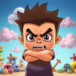 An animated depiction of an angry child with exaggerated features, like large eyes and furrowed brows, in a colorful cartoon style