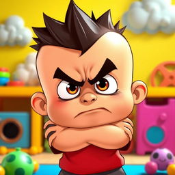 An animated depiction of an angry child with exaggerated features, like large eyes and furrowed brows, in a colorful cartoon style