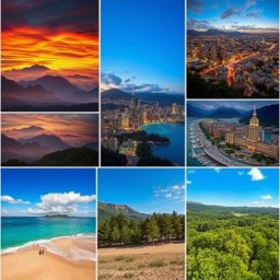 A colorful and vibrant collection of edited photos showcasing various landscapes and cityscapes