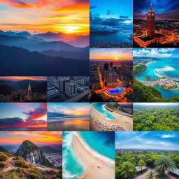 A colorful and vibrant collection of edited photos showcasing various landscapes and cityscapes