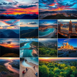 A colorful and vibrant collection of edited photos showcasing various landscapes and cityscapes