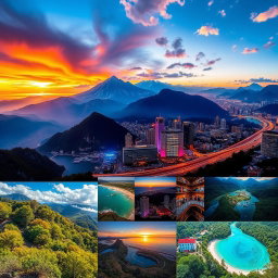 A colorful and vibrant collection of edited photos showcasing various landscapes and cityscapes