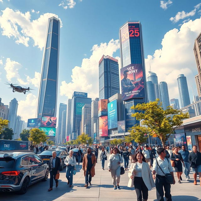 A futuristic cityscape on January 17, 2025, showcasing advanced technology and vibrant urban life