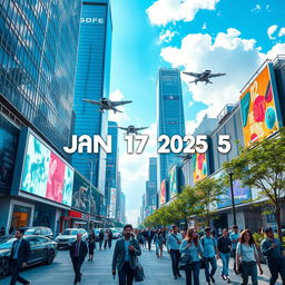 A futuristic cityscape on January 17, 2025, showcasing advanced technology and vibrant urban life