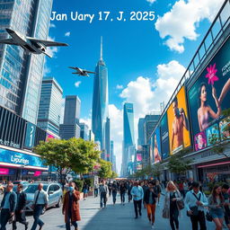 A futuristic cityscape on January 17, 2025, showcasing advanced technology and vibrant urban life
