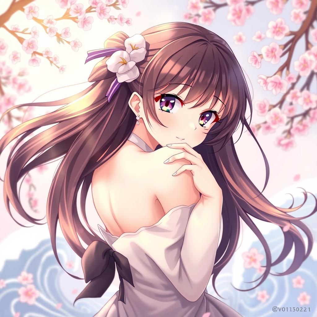 An anime-style illustration featuring a female character in a playful and artistic manner, posing in a way that highlights her curves and elegance