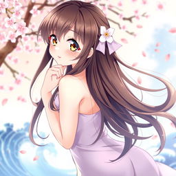 An anime-style illustration featuring a female character in a playful and artistic manner, posing in a way that highlights her curves and elegance