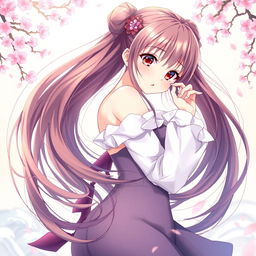 An anime-style illustration featuring a female character in a playful and artistic manner, posing in a way that highlights her curves and elegance