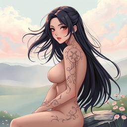 A provocative illustration of an elegant anime girl, depicted in a stylish pose that conveys confidence and allure, featuring beautiful long hair flowing down, wearing delicate and intricate body paint as an artistic element