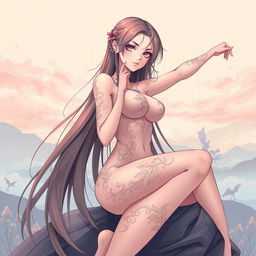 A provocative illustration of an elegant anime girl, depicted in a stylish pose that conveys confidence and allure, featuring beautiful long hair flowing down, wearing delicate and intricate body paint as an artistic element