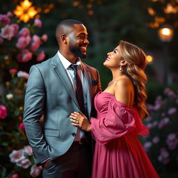 A romantic scene featuring a handsome Black American man in a tailored suit and an elegant woman in a flowing gown