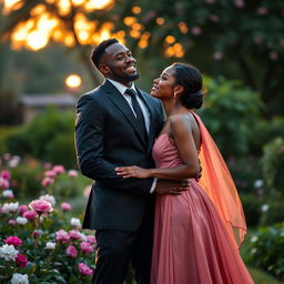 A romantic scene featuring a handsome Black American man in a tailored suit and an elegant woman in a flowing gown