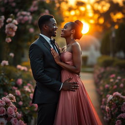 A romantic scene featuring a handsome Black American man in a tailored suit and an elegant woman in a flowing gown