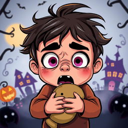 An animated illustration of a frightened child with wide eyes and a quivering expression, depicted in a colorful and whimsical cartoon style
