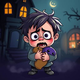 An animated illustration of a frightened child with wide eyes and a quivering expression, depicted in a colorful and whimsical cartoon style