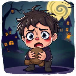 An animated illustration of a frightened child with wide eyes and a quivering expression, depicted in a colorful and whimsical cartoon style