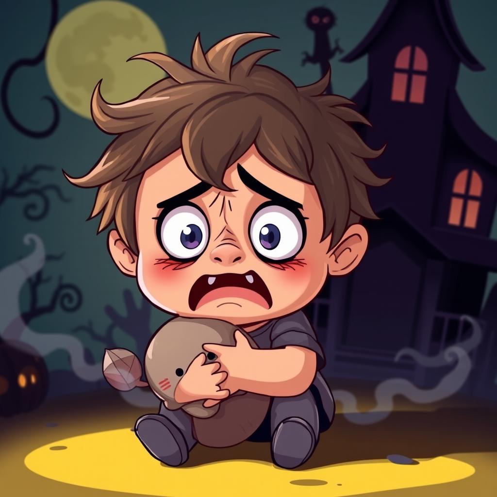 An animated illustration of a frightened child with wide eyes and a quivering expression, depicted in a colorful and whimsical cartoon style