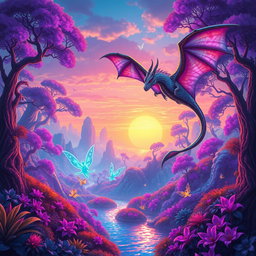 A vibrant fantasy landscape featuring a vast, mystical forest with towering trees and exotic plants glowing in hues of purple and blue