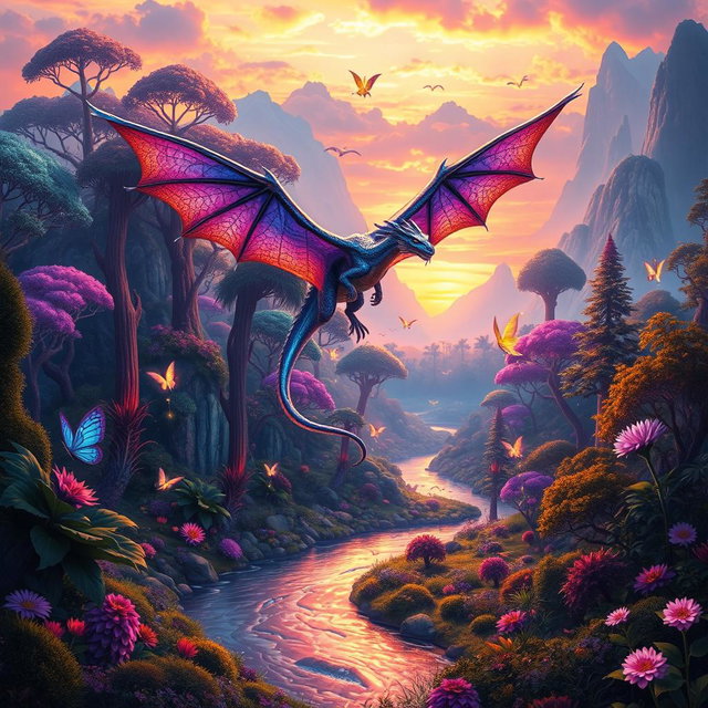 A vibrant fantasy landscape featuring a vast, mystical forest with towering trees and exotic plants glowing in hues of purple and blue