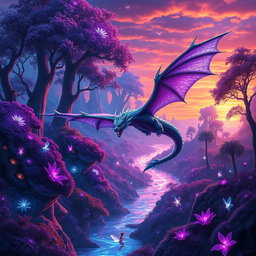 A vibrant fantasy landscape featuring a vast, mystical forest with towering trees and exotic plants glowing in hues of purple and blue