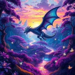 A vibrant fantasy landscape featuring a vast, mystical forest with towering trees and exotic plants glowing in hues of purple and blue