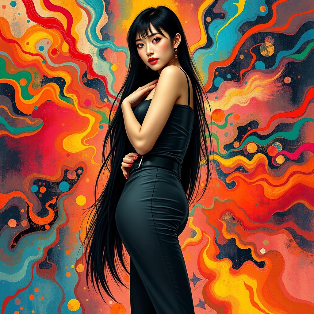 A stunning, tall woman embodying the features of Hitomi Tanaka, set against an explosion of colorful abstract patterns