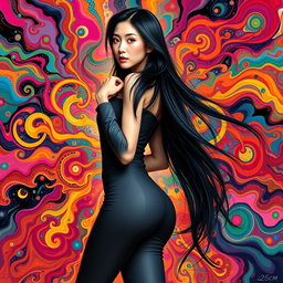 A stunning, tall woman embodying the features of Hitomi Tanaka, set against an explosion of colorful abstract patterns