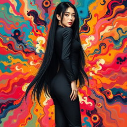 A stunning, tall woman embodying the features of Hitomi Tanaka, set against an explosion of colorful abstract patterns