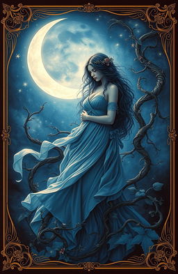 A beautiful fantasy setting depicting the Daughter of the Cursed Moon, embodying the essence of a moon goddess