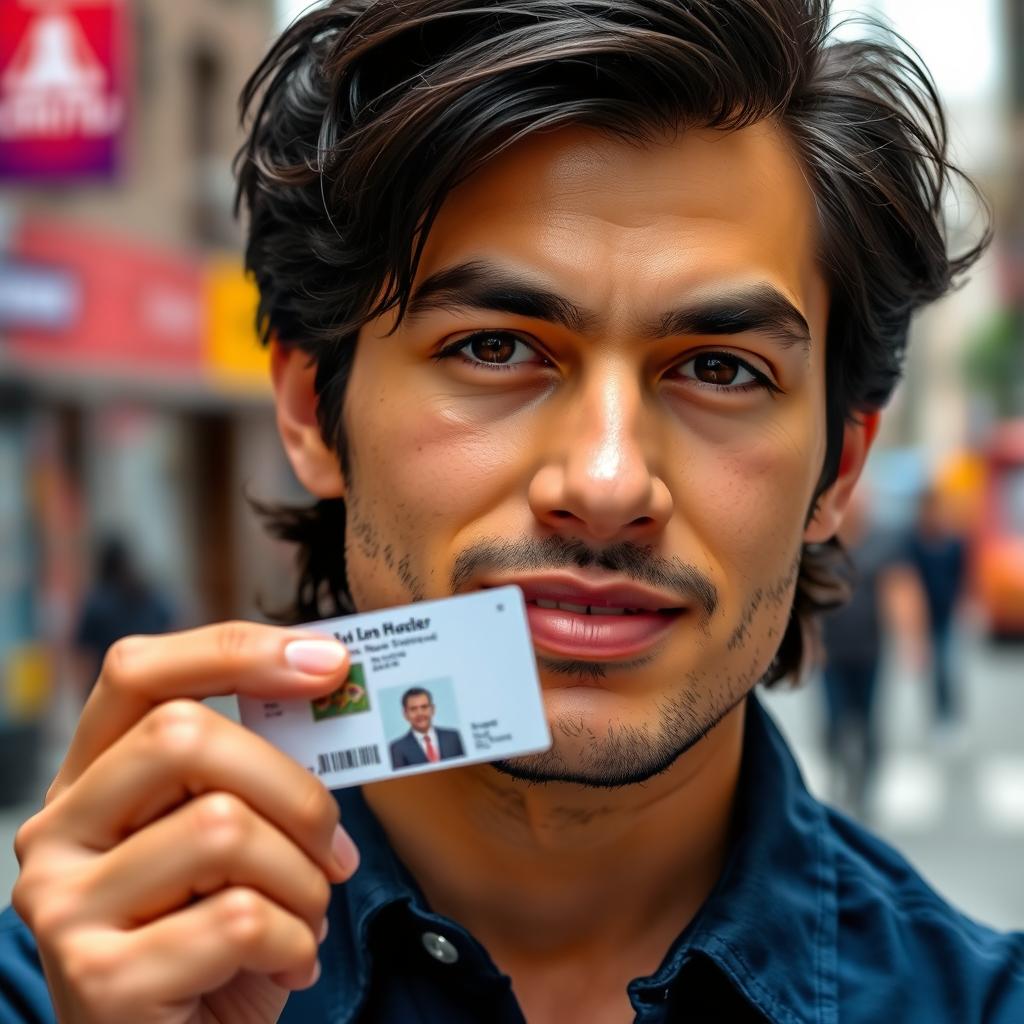 A close-up shot of a man with a confident expression, holding an identification card in his hand