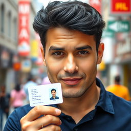 A close-up shot of a man with a confident expression, holding an identification card in his hand