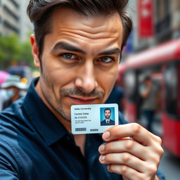 A close-up shot of a man with a confident expression, holding an identification card in his hand