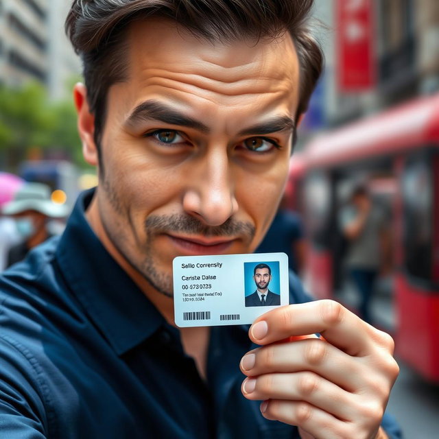 A close-up shot of a man with a confident expression, holding an identification card in his hand