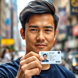 A close-up shot of a man with a confident expression, holding an identification card in his hand