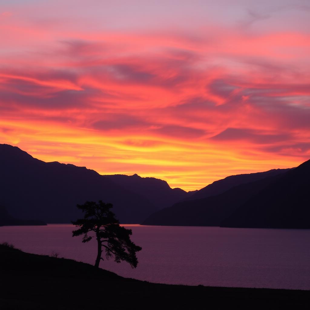 A breathtaking landscape at sunset featuring a tranquil lake surrounded by majestic mountains