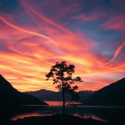 A breathtaking landscape at sunset featuring a tranquil lake surrounded by majestic mountains