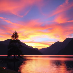 A breathtaking landscape at sunset featuring a tranquil lake surrounded by majestic mountains