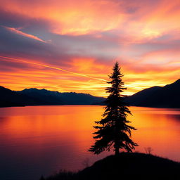 A breathtaking landscape at sunset featuring a tranquil lake surrounded by majestic mountains