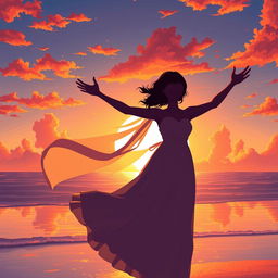 Anime-style illustration of a bridesmaid silhouetted against a vibrant sunset on a beach