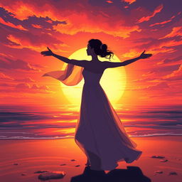Anime-style illustration of a bridesmaid silhouetted against a vibrant sunset on a beach