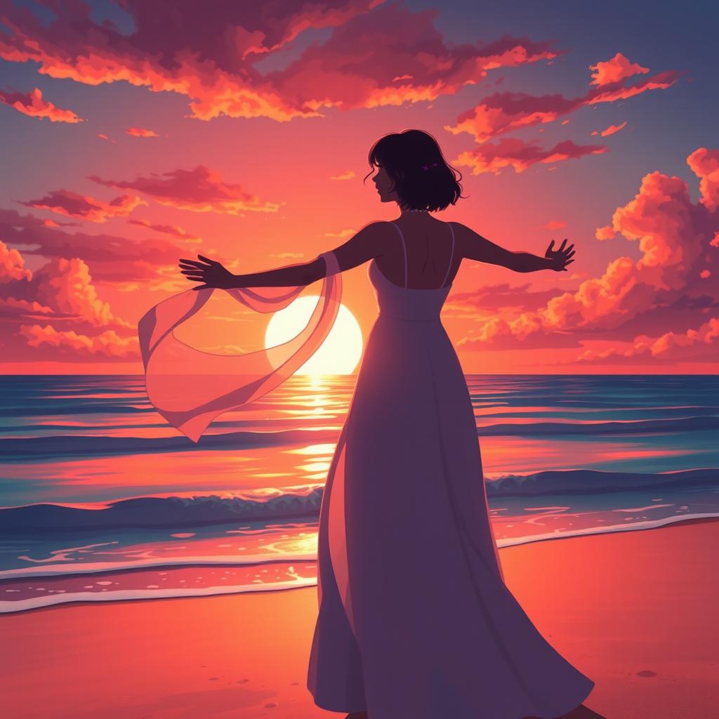 Anime-style illustration of a bridesmaid silhouetted against a vibrant sunset on a beach